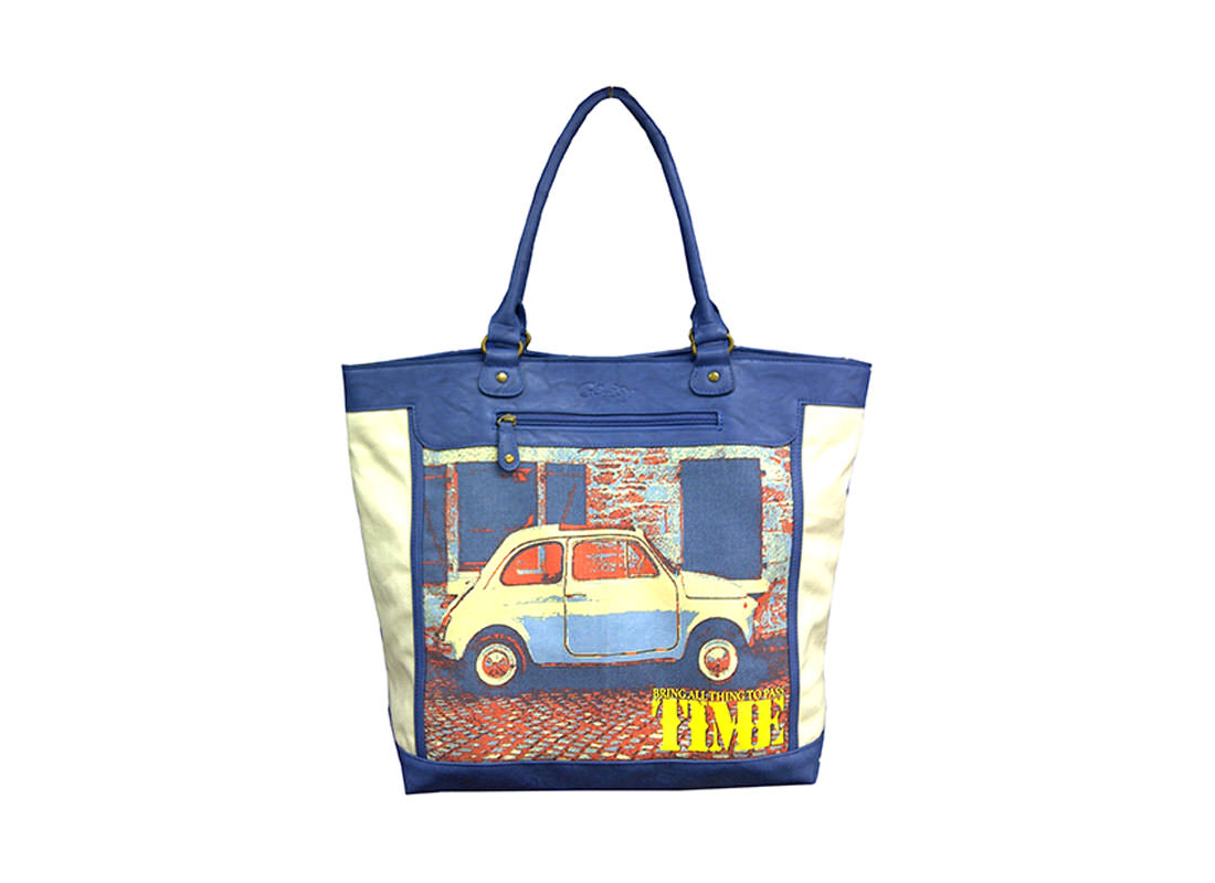 Canvas & PU Leather Tote Bag with Vintage Car Print