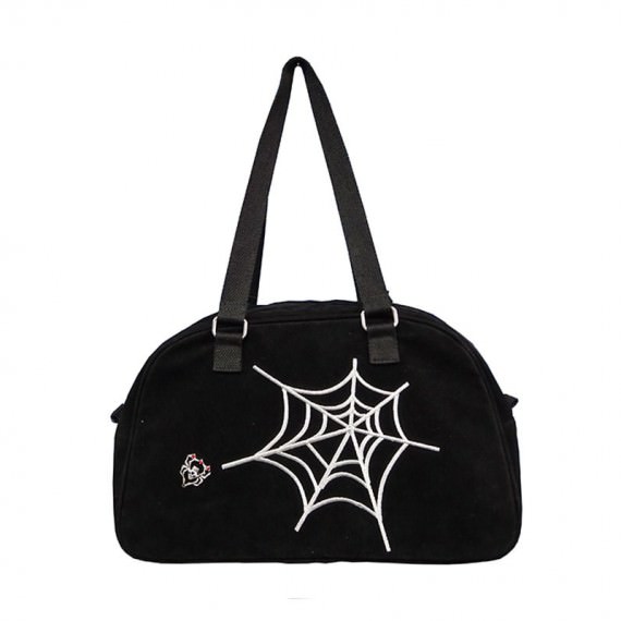 Black Boston Bag with Spider Web Embroidery