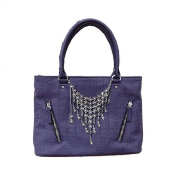 dark blue square tote with charm