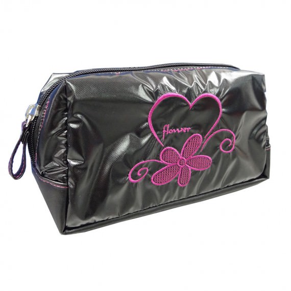 Black Cosmetic Bag with Pink Embrodiery Flower & Logo