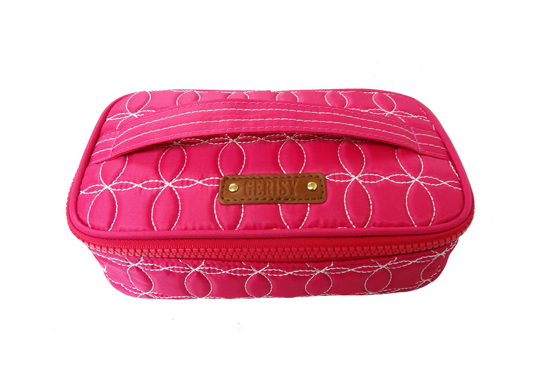 Quilted Makeup Bag in cherry Pink with handle top