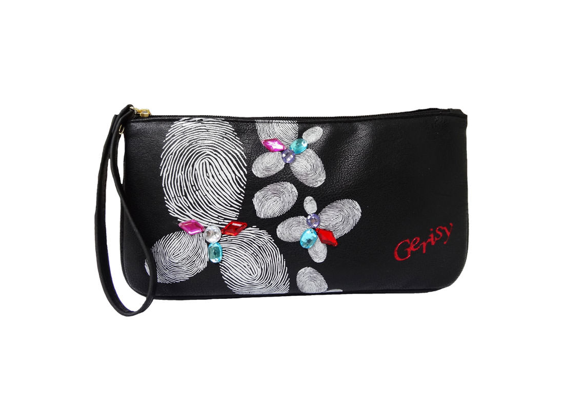 Zipper Long Black pouch with Finger Print Printing
