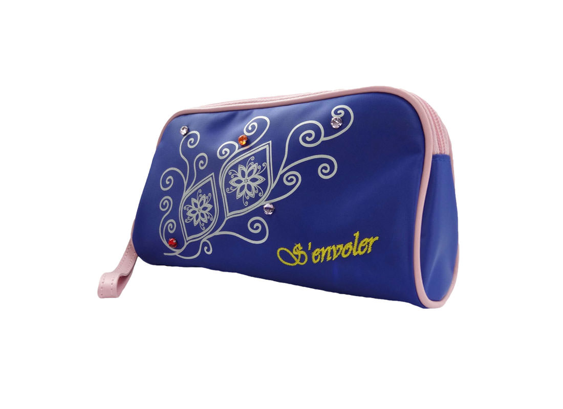 simple cosmetic bag in blue with flower printing L side