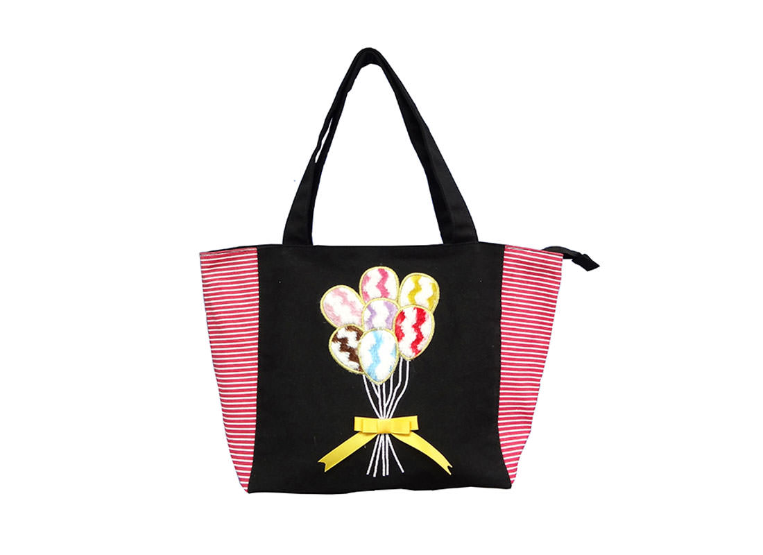 Plain & Striped Canvas Tote Bag with Balloon Embroidery