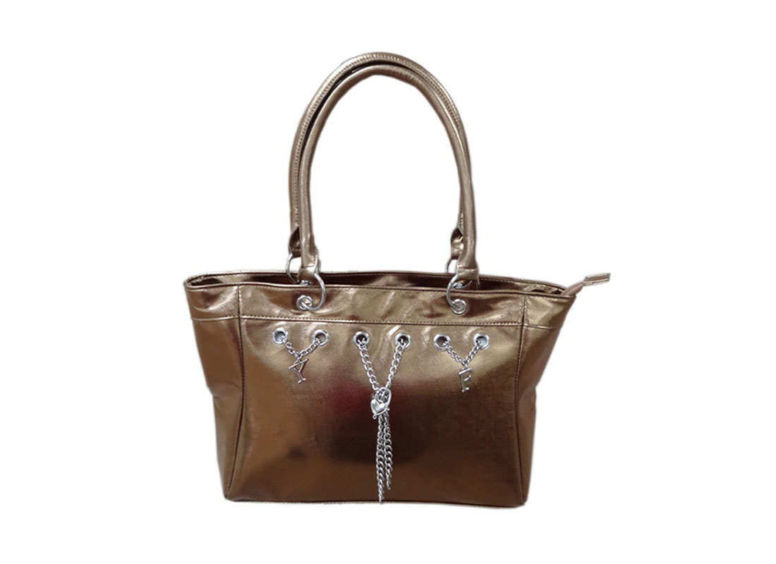 metallic bronze handbag with charm