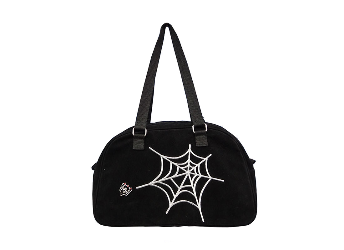 Black Boston Bag with Spider Web Embroidery