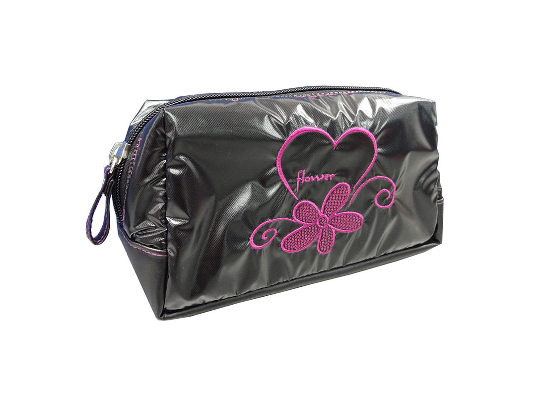 Black Cosmetic Bag with Pink Embrodiery Flower & Logo
