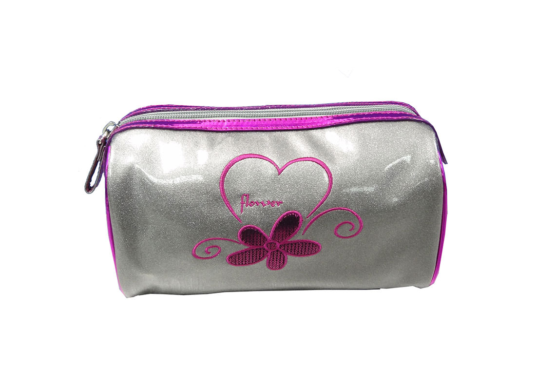 Silver Cosmetic Bag with Embrodiery Flower & Logo