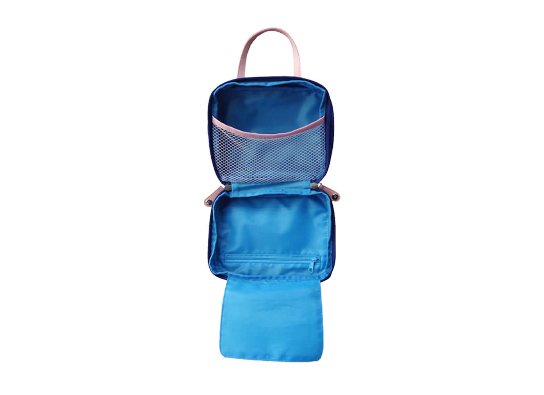 Cosmetic bag with compartments in blue open
