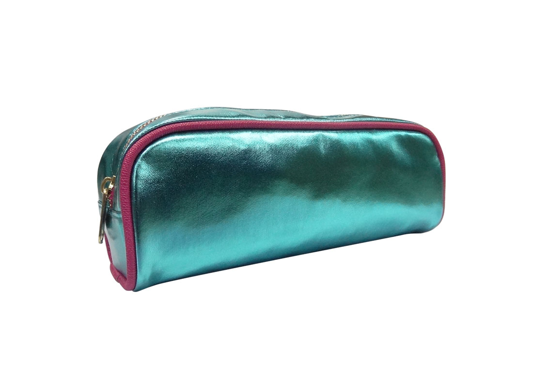 makeup bag pencil case in shiny blue L side
