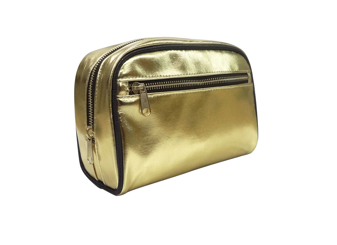 cosmetic zipper pouch in shiny gold L side