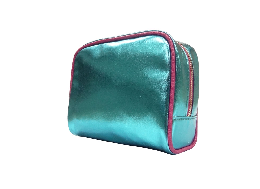 small cosmetic bag in shiny blue R side