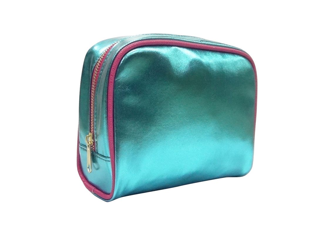 small cosmetic bag in shiny blue L side