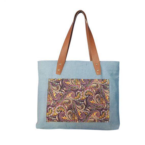 Denim tote with Paisley pattern front pocket
