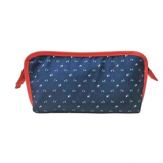 Floral print cosmetic bag in dark blue with red trimming