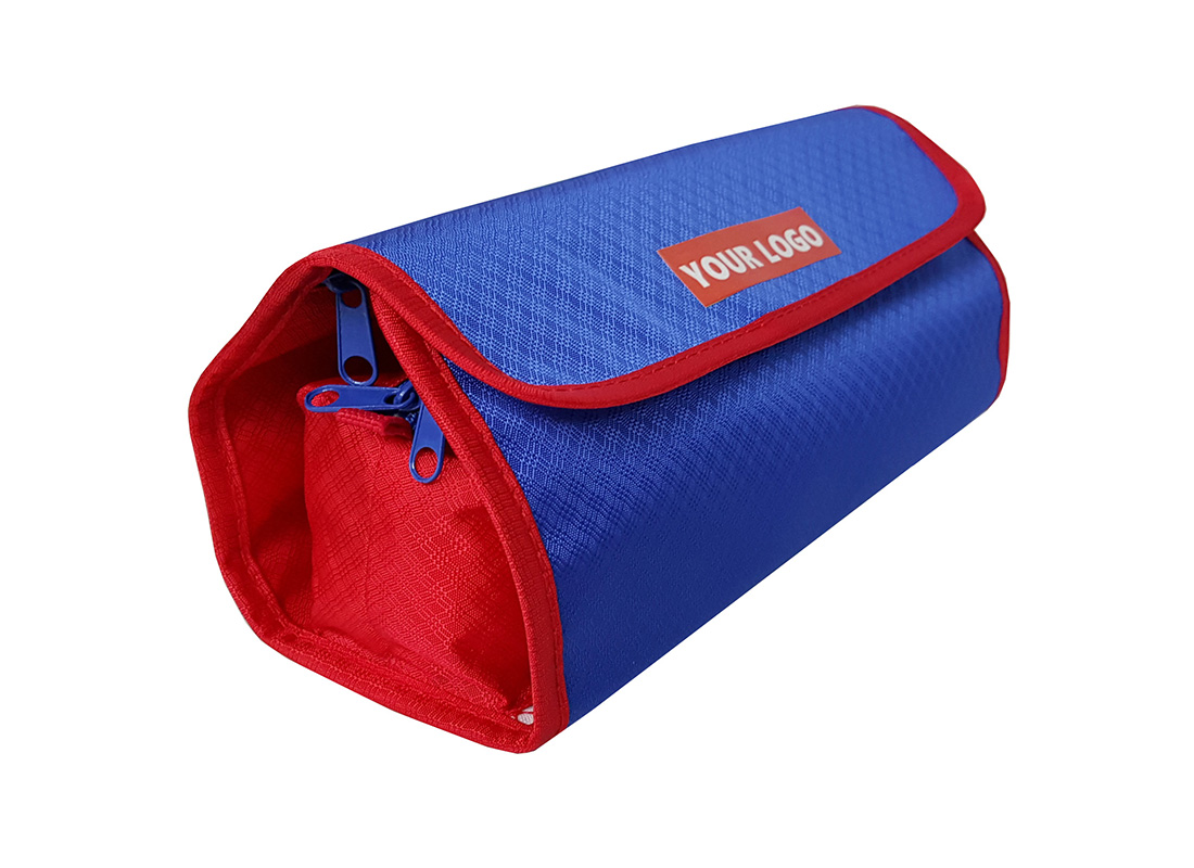 side of accessories pouch in blue