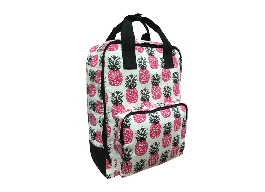 Square shape canvas backpack with pineapple print L side