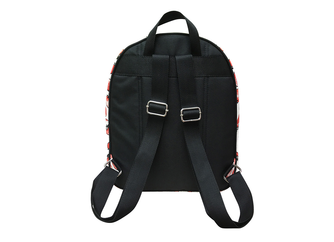 Back of canvas backpack with strawberry print