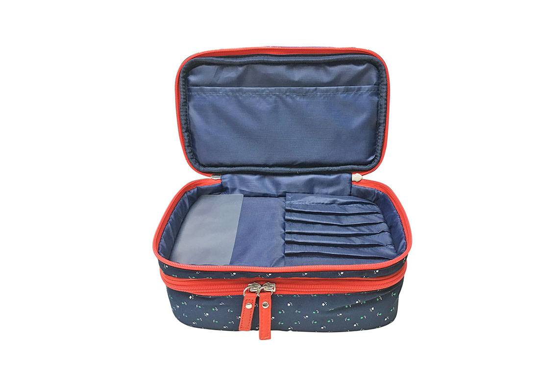 two compartment floral cosmetic bag open
