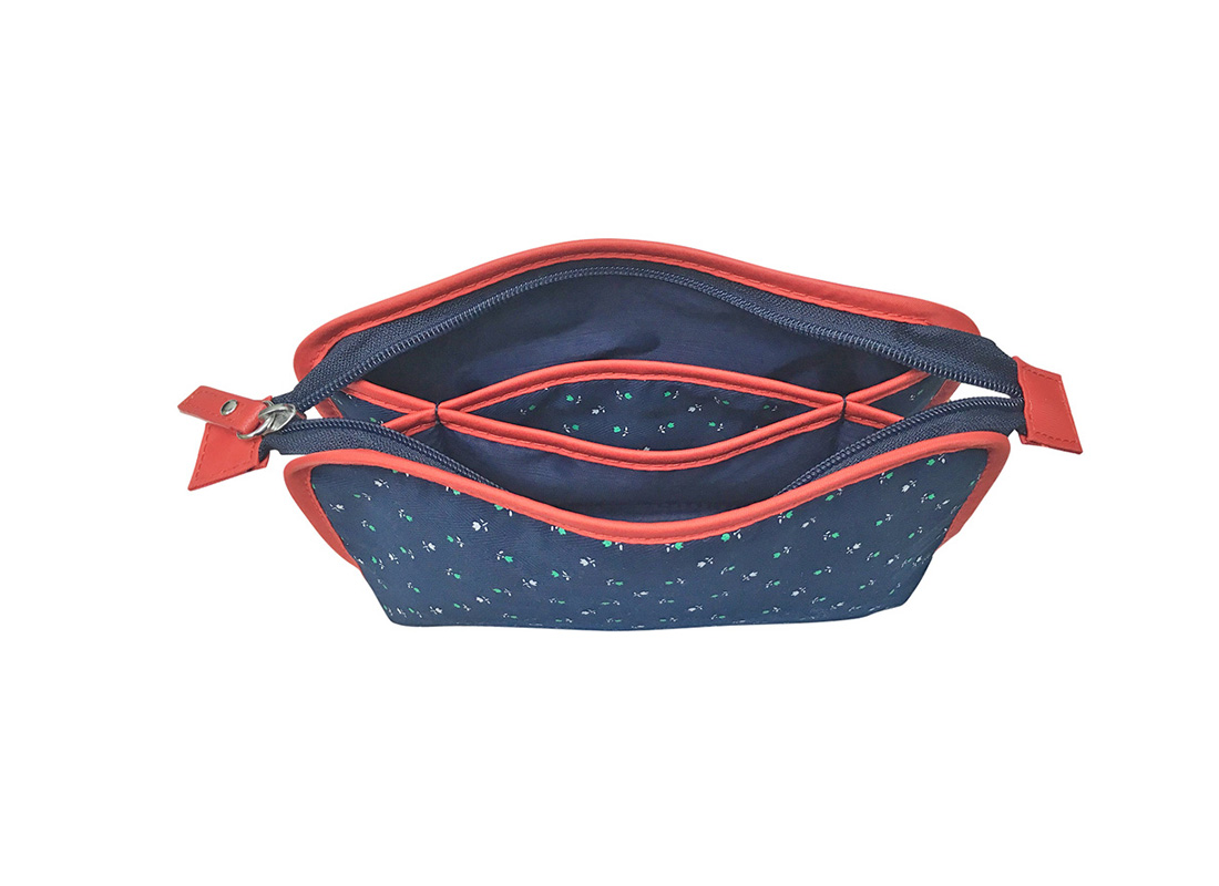 Top view open floral cosmetic bag