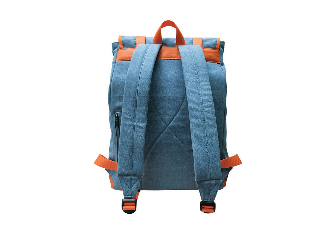 back of backpack with flap in powder blue & orange
