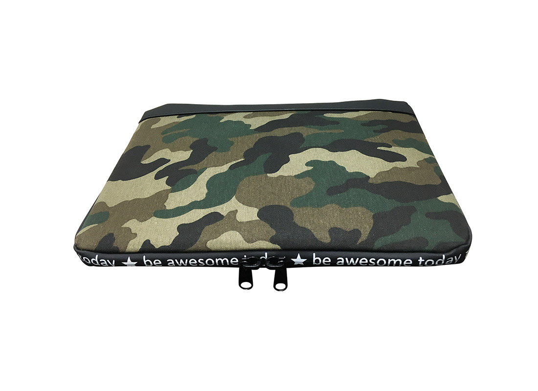 Top view of camouflage laptop sleeve with print logo zipper