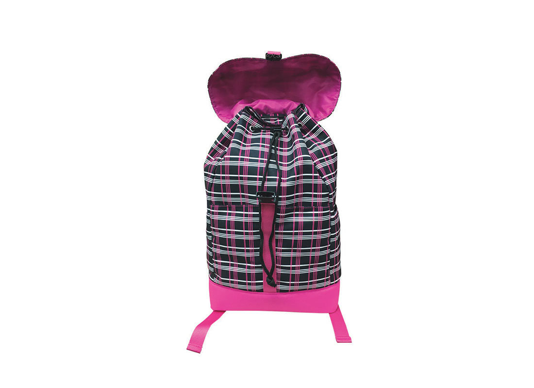 Plaid backpack with flap open