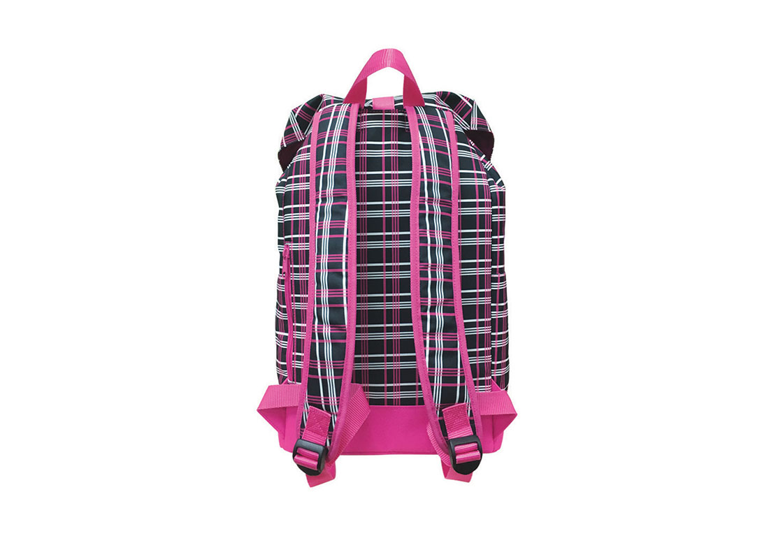 back of plaid backpack with flap closure