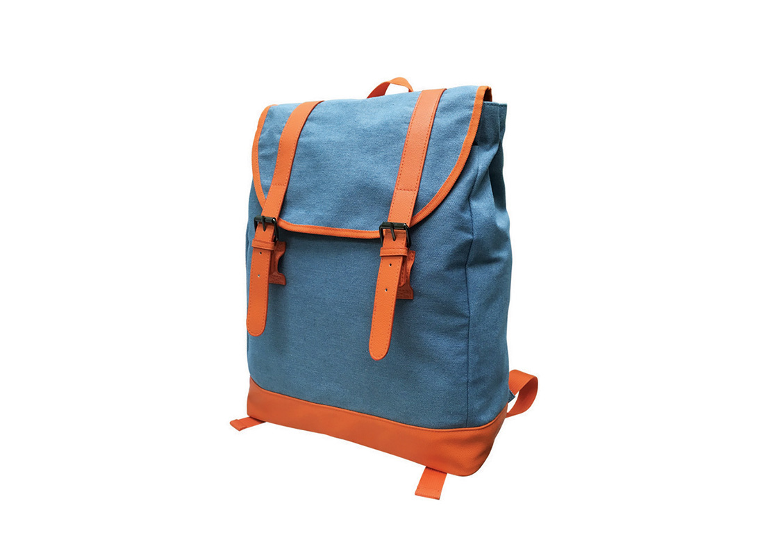 backpack with flap in powder blue & orange R side