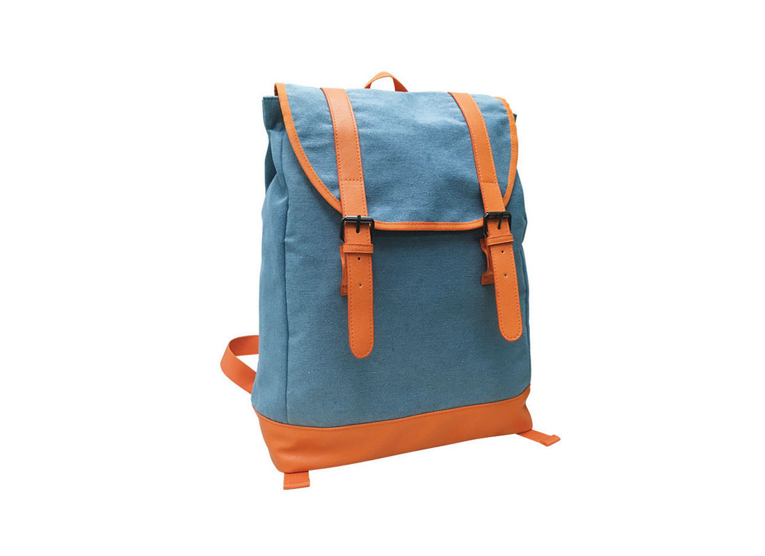 backpack with flap in powder blue & orange L side