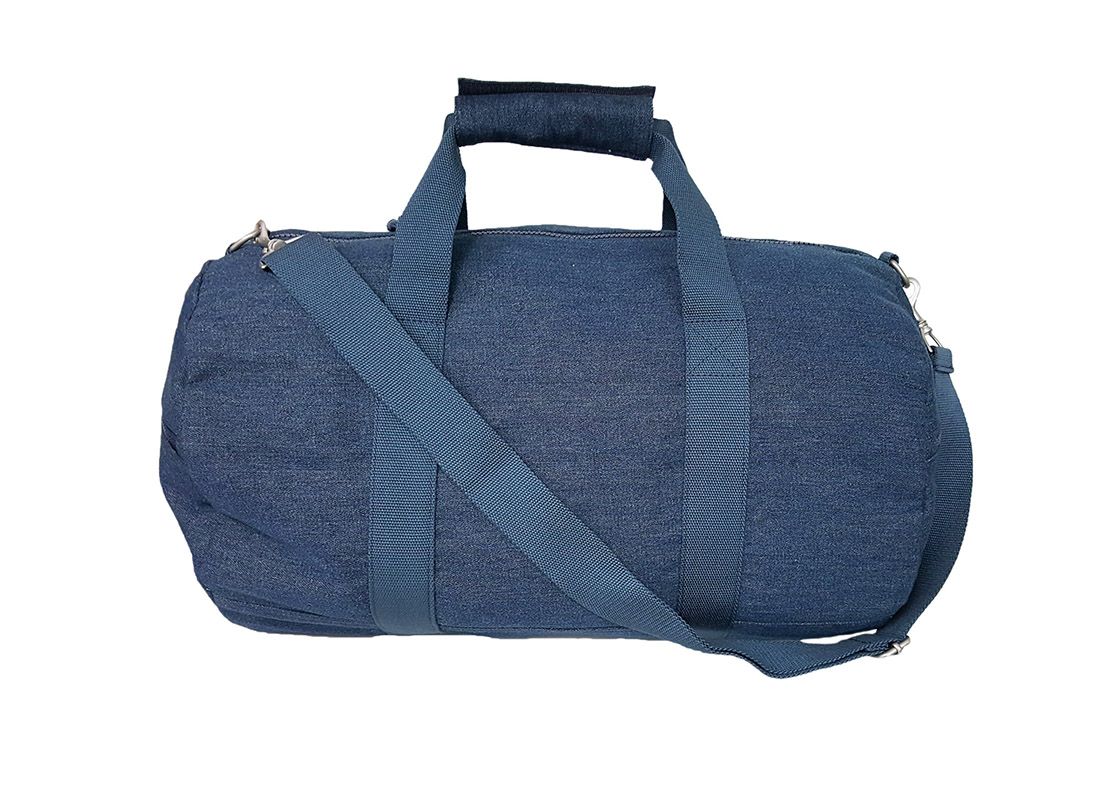 Round Denim Duffel in Blue back