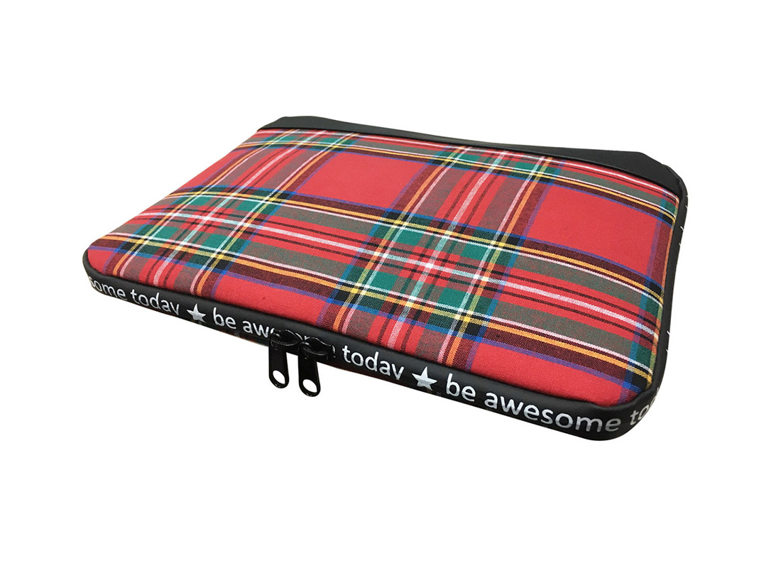 Plaid laptop sleeve with printed logo zipper Side