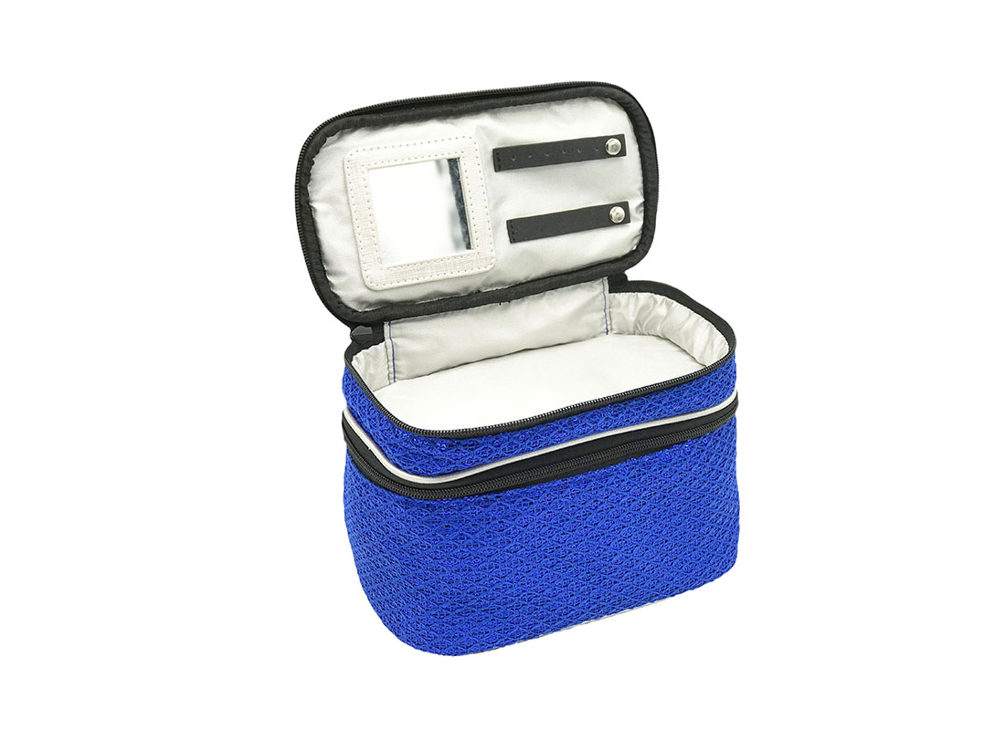 Two compartment sequin cosmetic bag 1st compartment with mirror