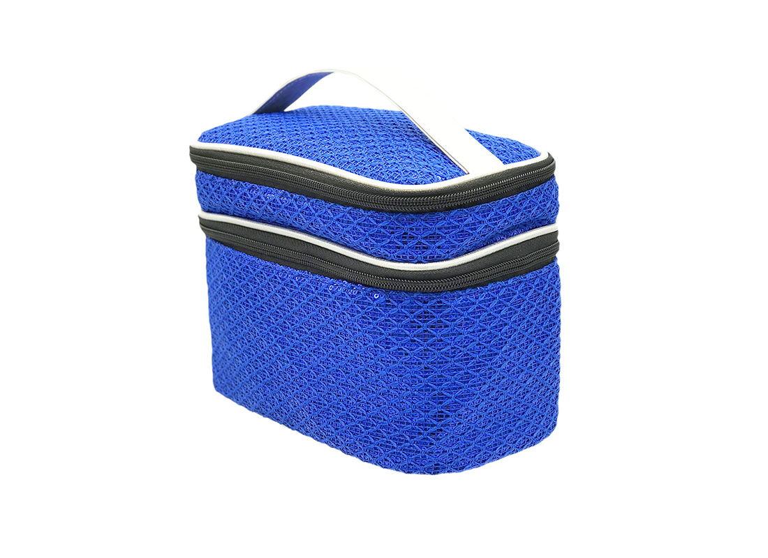 Two compartment sequin cosmetic bag in blue R side