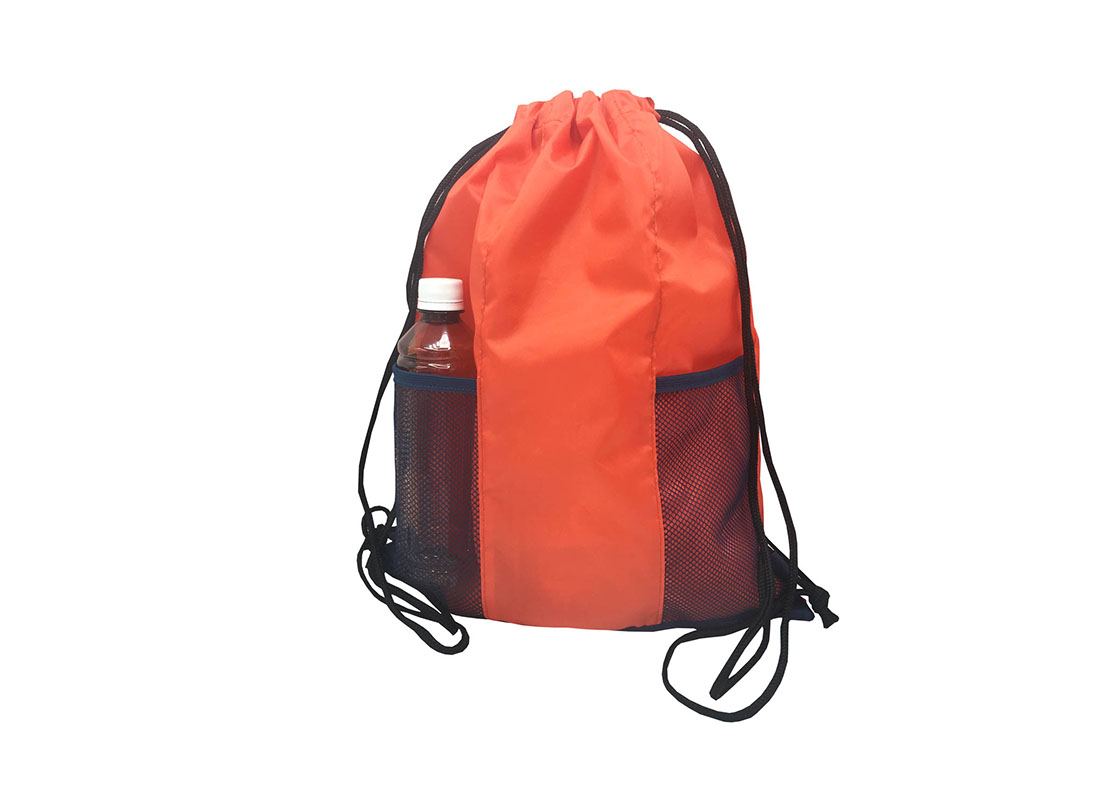 Drawstring bag with two mesh side pocket in orange