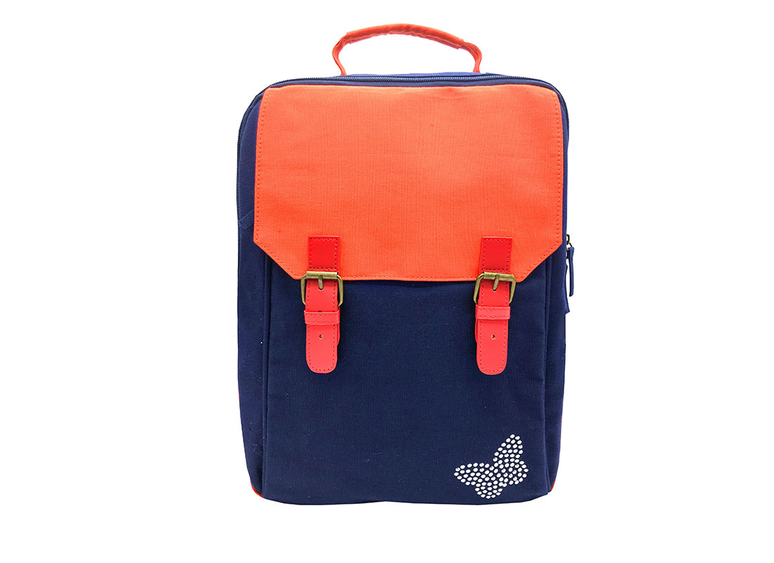 Canvas backpack in dark blue with orange flap