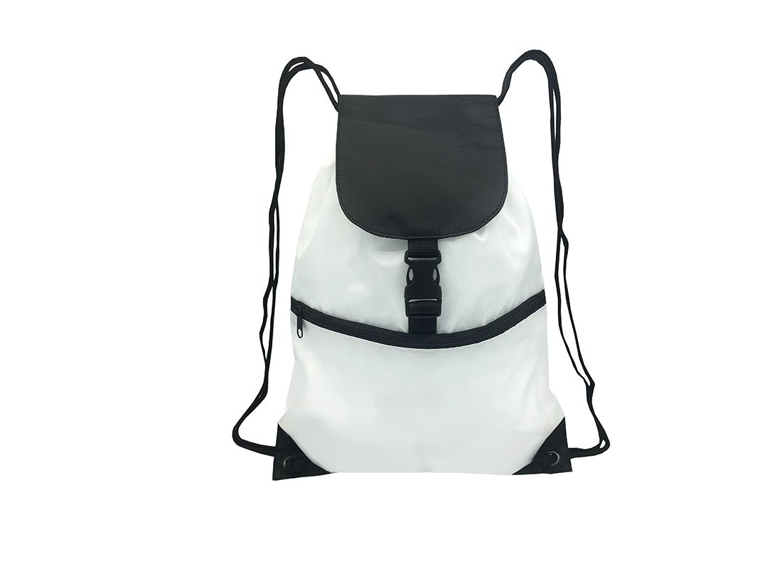 Drawstring bag with front zipper pocket in white