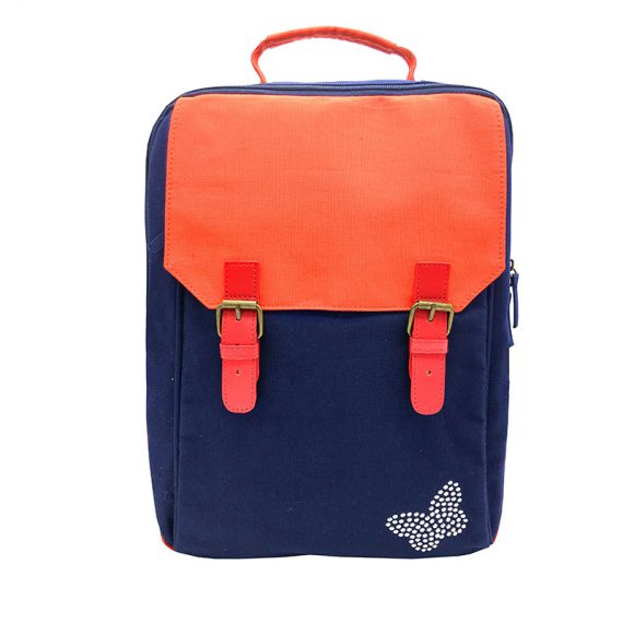 Canvas backpack in dark blue with orange flap