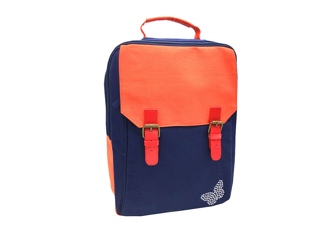 Canvas backpack in dark blue with orange flap side