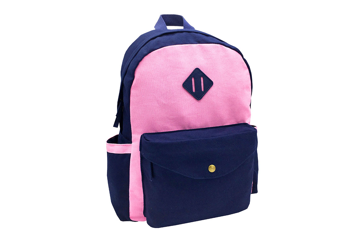 canvas backpack in pink & dark blue side