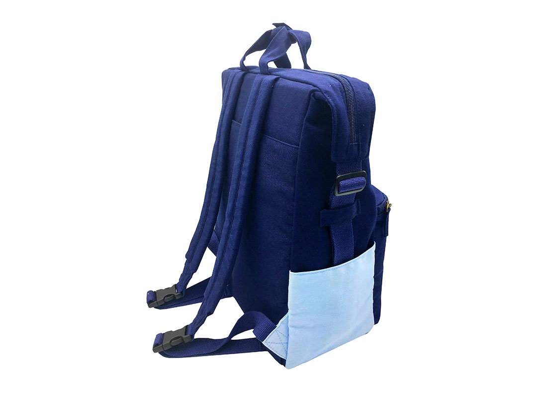 Two way Canvas backpack in light & dark blue back side