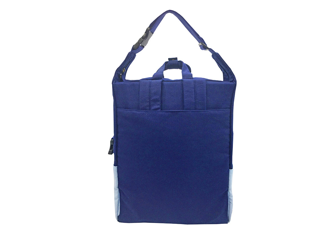Two way canvas backpack in light & dark blue back 1