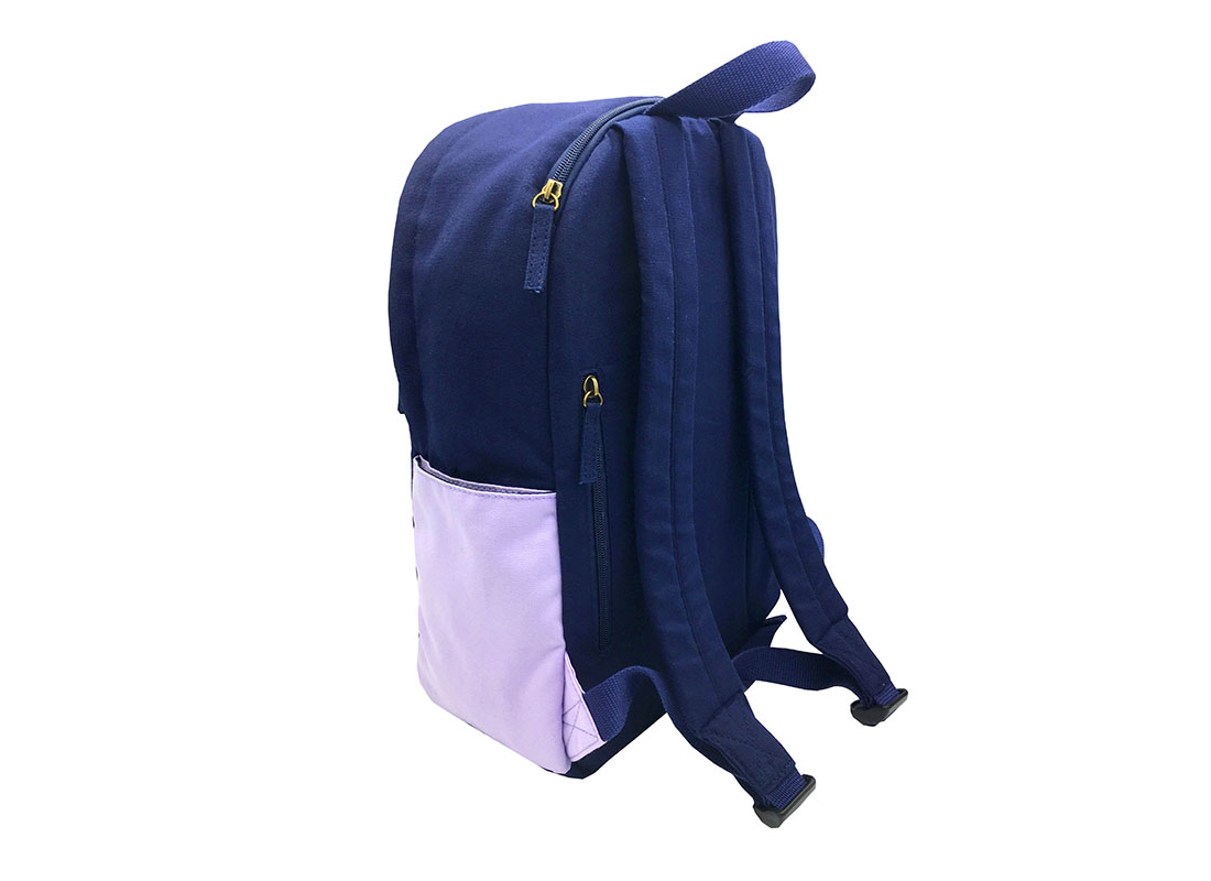 canvas backpack in purple & blue side back