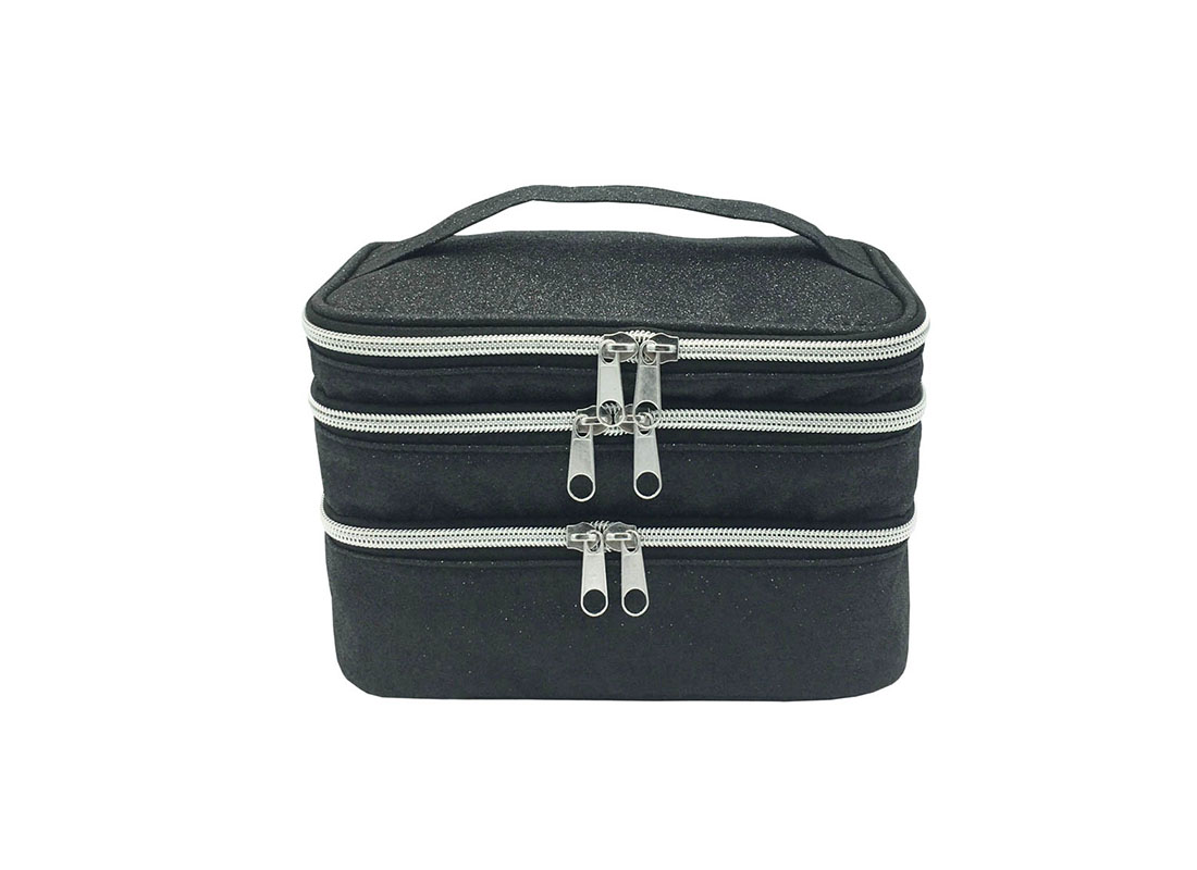 compartment makeup bag in black shiny pu front