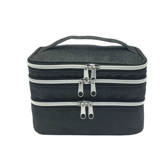 compartment makeup bag in black shiny pu front