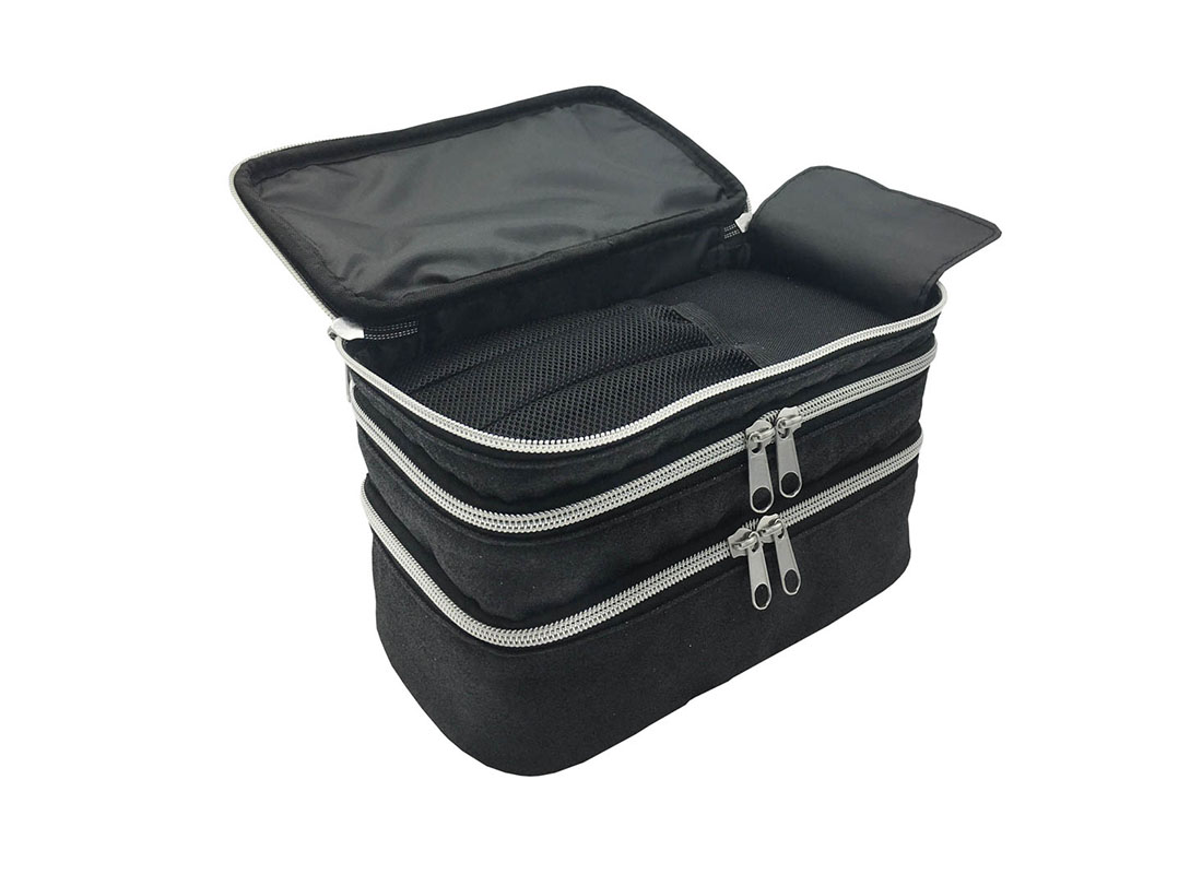 compartment makeup bag in black shiny pu top compartment open