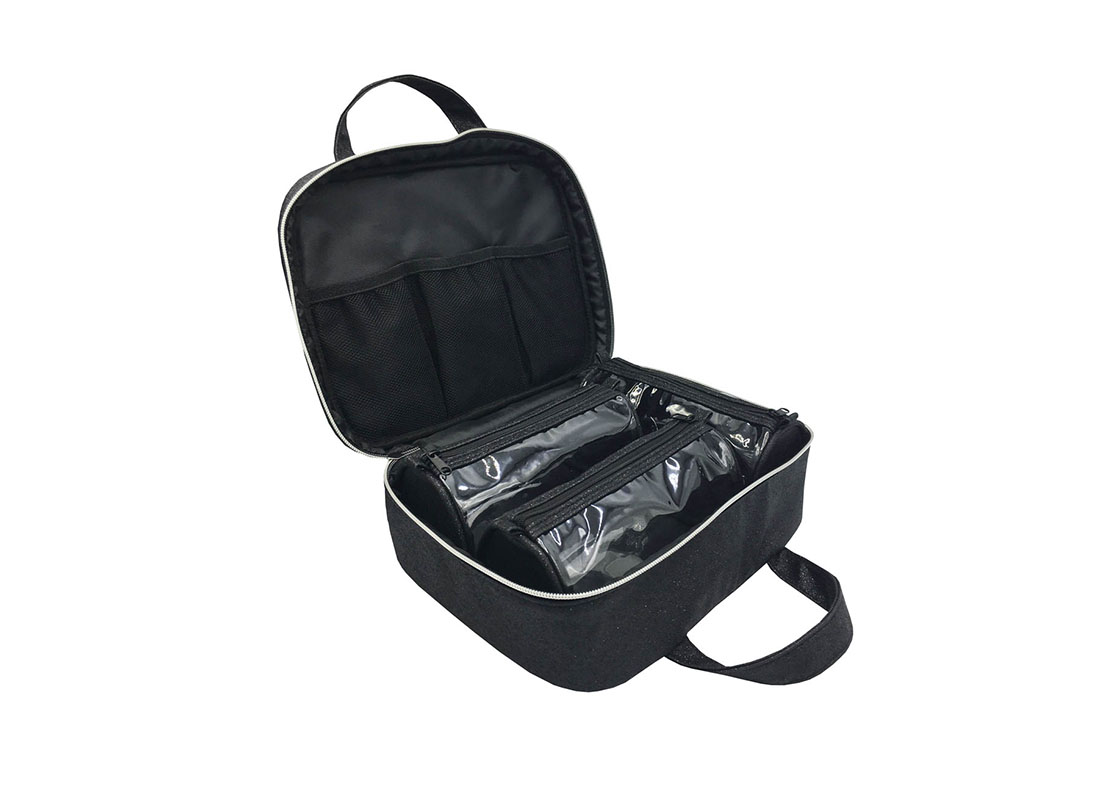 makeup bag pack with 3pcs pvc pouches insides open with pouches